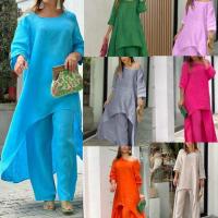 Glitter Star Shop Cotton Linen Oversize Loose Irregular Long Sleeve Top and Wide Leg Pants Suit Spring Casual Solid 2 Pieces Set Woman Outfit