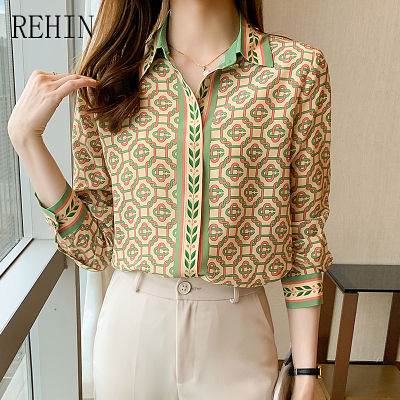 REHIN เสื้อเชิ้ตผ้าชีฟองสำหรับผู้หญิง,เสื้อแขนยาวช่องพิมพ์ลายทรงหลวมดีไซน์หรูหราสำหรับฤดูใบไม้ผลิ