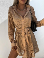 Elegant Embroidery Hollow Out Lace Dress Women Spring Turn-down Collar Button Shirt Dress Summer Lace-up Belted Mini Party Dress