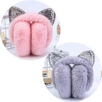 Women Kids Cat Ear Earmuffs with Rhinestone Winter Warm Fur Ear Muffs Cute Headband Ear Warmer Plush Earflap for Girls Ladies