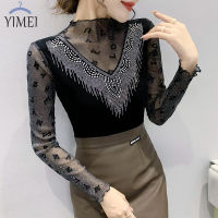 YIMEI ขนาดใหญ่สีดำ Bottoming เสื้อ2022ฤดูใบไม้ร่วงใหม่การออกแบบคอปกสูงความรู้สึกของแฟชั่นเจาะร้อน Bottoming เสื้อ Magnanimous ร้อยด้วยตาข่ายท็อปส์หญิง