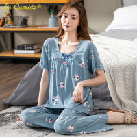 Pijamas Women Summer Spring Loungewear Big Size Elastic Cool Modal Sleepwear Short Sleeved Floral Printing Womans Two Piece Set