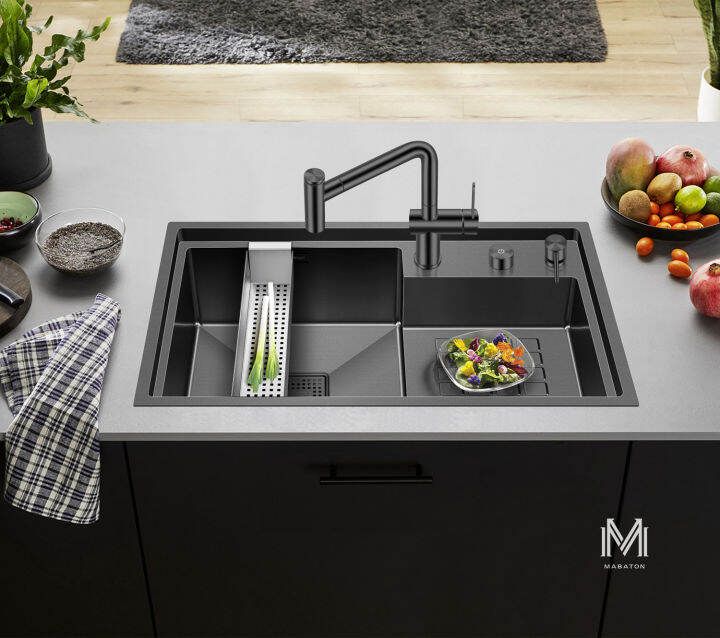304 stainless steel nano gray kitchen sink, stepped design, thickened