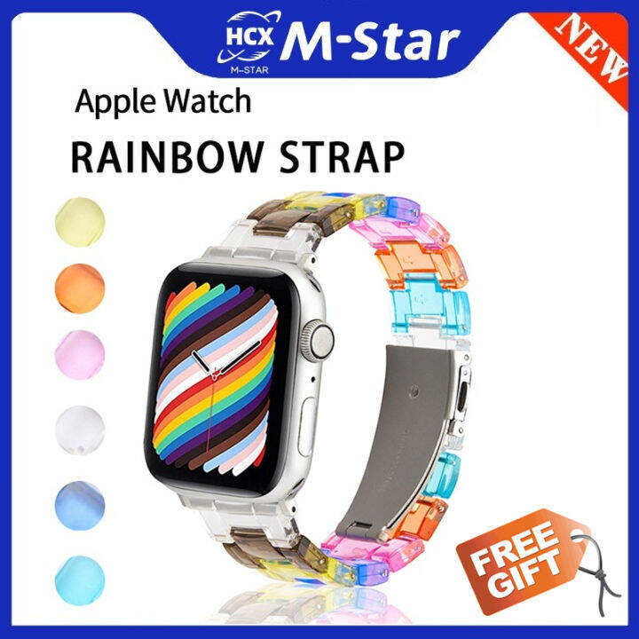 สายเรซิ่นสายรุ้งเข้ากันได้กับ-apple-watch-band-45มม-41มม-44-40-42-38สายโปร่งใสที่มีสีสันแฟชั่นสีทึบสำหรับ-i-watch-series-8-7-6-5-4-3-2-1-se-man-weman-smartwatch-สายรัดทำควา