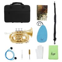 LADE Mini Pocket Trumpet Bb Flat Brass Wind Instrument with Mouthpiece Gloves Cleaning Cloth Carrying Case Cornet