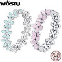 WOSTU แหวนดอกไม้สีชมพูขนาดเล็กสีฟ้าแบบดั้งเดิมของ925เงินสเตอร์ลิงสำหรับผู้หญิงของขวัญเครื่องประดับอย่างดีงานปาร์ตี้สุดหรู