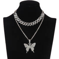 Glam Butterfly สร้อยคอชุด Cuban Link Chain Rhinestone Choker สร้อยคอผู้หญิง Bling เครื่องประดับ