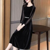 Gao Cooler long-sleeved solid o neck gold velvet dress female long autumn new high-grade temperament waist slide skirt dress