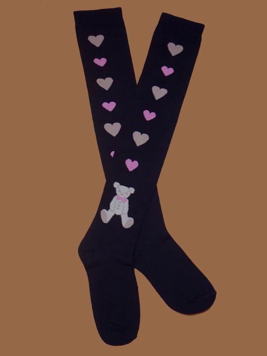 ถุงเท้ายาวเหนือเข่า สีดำ ลายหัวใจและหมีเท็ดดี้ Socks