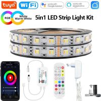 Tuya 5In ไวไฟ1แถบไฟ LED DC12V ชุดไฟ5050 Rgbct RGB + W + W/ แอป/ เสียง/รีโมทคอนโทรล Smartlife สำหรับ Alexa Home 1M-5M