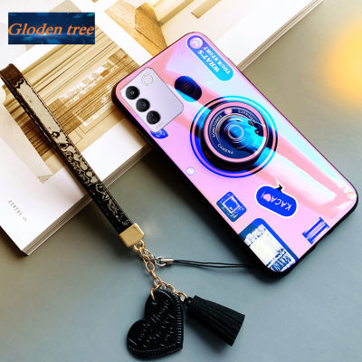 Gloden tree For Vivo V27 V27e Case Camera Pattern + Stand + Beautiful Tassel Hand Strap Protective Back Cover Couple Cases