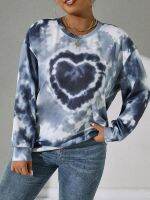 Yuisle Womens Casual Ladies Comfort Plus Size Sweatshirt Plus Tie Dye Heart Print Drop Shoulder Sweatshirt Leisure Perfect Comfortable Eye-catching (Color : Dusty Blue, Size : X-Large)