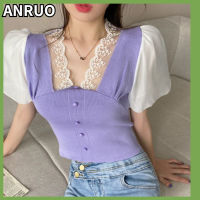 ANRUO เสื้อกันหนาวแบบถักแขนสั้นมีฟอง,สไตล์ฝรั่งเศสขอบบางชุดสั้นกระชับสัดส่วนขอบบางช่วงฤดูร้อน ถักแขนสั้น