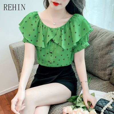 เสื้อเชิ้ตแขนสั้นผู้หญิง REHIN French Bubble Sleeve Off Shoulder Trend Blouse