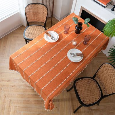 Solid Color Tablecloth Cover with Embroidered Lines Tassel Home Decoration Thickened Rectangular Cover for Weddings Birthdays