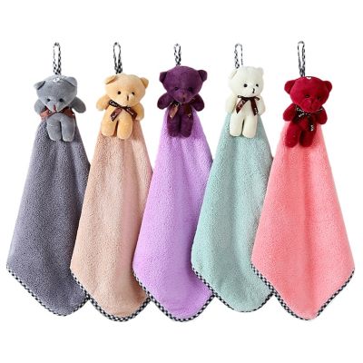 ♦✠ Cute Cartoon Bear Doll Hand Towel Hanging Bath Towels Coral Fleece Absorbent for Home Kitchen Bathroom Handkerchief Wiper Towels