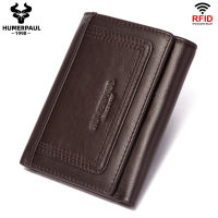 HUMERPAUL Genuine Leather Men Wallet RFID Blocking Mini Clutch Card Holders Luxury Tri-fold Short Money Bag With Zip Coin Purse