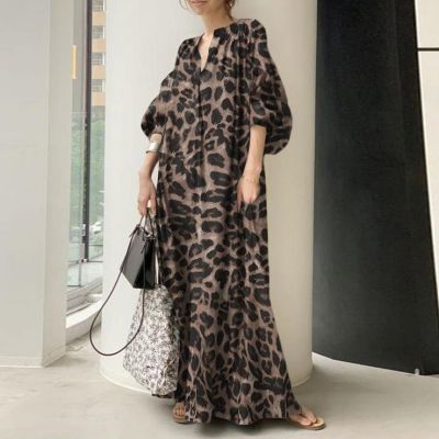 UNIQLO Korean Version Loose Large Size Leopard Print Stand Collar Puff Sleeve Bohemian Long Casual Shirt Dress Holiday Dress