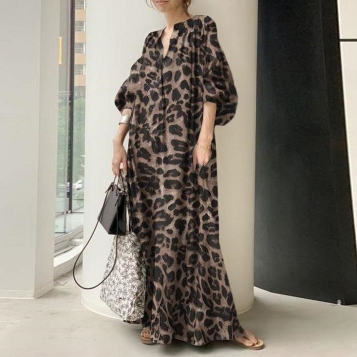 uniqlo-korean-version-loose-large-size-leopard-print-stand-collar-puff-sleeve-bohemian-long-casual-shirt-dress-holiday-dress