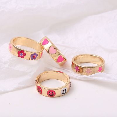 European and American Fashion Simple Macarons Bohemian Cartoon Rings Color Love Smiley Flowers Stars Series Couple Rings - xin