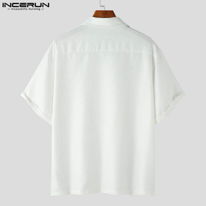 incerun-เสื้อผู้ชายแขนสั้นมีกระดุมแบบเรียบ-เสื้อคอปกลำลอง-สไตล์เกาหลี