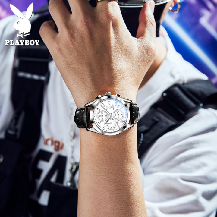 ขายร้อน-playboy-นาฟิกาผู้ชาย-2023-ของแท้-นาฬิกาข้อมือ-chronograph-แบบมัลติฟังก์ชั่นหนังกันน้ำ