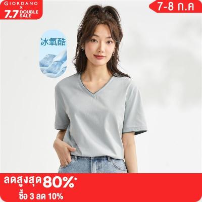 GIORDANO Women T-Shirts High-Tech Cooling V-Neck Tshirts Contrast Color Short Sleve Summer Comfort Fashion Casual Tee 05323414