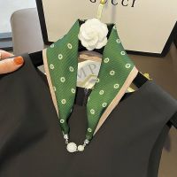 ◐▼❂ New pearl buckle long necklace silk scarf female simple summer decorative spring and autumn retro all-match