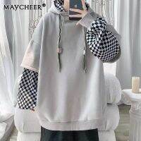 MAYCHEER เสื้อฮู้ดชาย เสื้อมีฮู้ดผู้ชายเสื้อมีฮู้ดปลอมแบบสองชิ้นเสื้อนอกทรงหลวมสำหรับคู่รักน้ำหนักมากจับคู่ง่าย