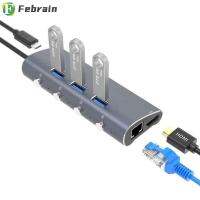 FEBRAIN ฮับคอมพิวเตอร์แล็ปท็อป PD 4K USB HDMI ตัวขยาย3.0 Type-C RJ45อะแดปเตอร์อีเทอร์เน็ตพร้อมสวิตช์เปิด/ปิด