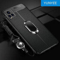 YUNYEE สำหรับ Vivo Y33S Vivo เคสโทรศัพท์ Y21T,หรูหราอัลตร้าสลิมหนังแบบรวมทุกอย่างป้องกัน Dermatoglyph ปกหลังสำหรับ Vivo Y21T /Vivo Y33S กรณีที่มีแหวนฟรียืน H Older และสตริง