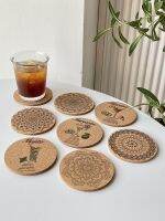 High-end MUJI European retro printed cork coaster round non-slip and anti-scalding coffee insulation pad protective mat water cup absorbent pad