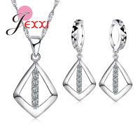 925 Sterling Wedding Jewelry Sets Geometric Suqare Drop Necklace Earrings Brincos African AAA Crystal Collar Anniversary Gift