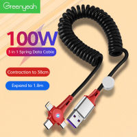 Greenyeah 100W สายสปริงแบบสายชาร์จ USB เร็วชนิด C หดได้ไมโคร/ไลท์นิ่ง/ชนิด C สายชาร์จสำหรับเร็ว Samsung สายรับส่งข้อมูล Xiaomi