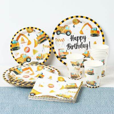 【CC】 Construction Disposable Tableware Birthday Kids Boy Engineering Theme Supplies Baby Shower