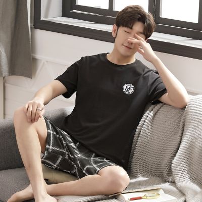 MODE Korea ชุดใส่อยู่บ้าน2ชิ้นชุดชุดนอนผ้าคอตตอนสำหรับผู้ชายชุดนอน Pakaian Rumahan เสื้อนอนกางเกงขาสั้นชุดนอน