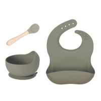 Sustainable use of baby silicone bowl  silicone bib  water towel  beech wood spoon  3-piece childrens tableware feeding set Bowl Fork Spoon Sets