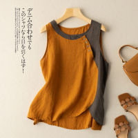 Cotton and linen vest womens large size 2021 summer new fashion design sense color matching loose casual retro pullover top