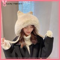 LUCKY HAIRACC หูแมวหู หมวกบีนนี่น่ารัก ตุ๊กตาผ้าพลัฌ ด้วยถักเปีย หมวกปิดหู ของใหม่ เครื่องอุ่นอุ่น หมวกเล่นสกี ผู้หญิงผู้หญิงผู้หญิง