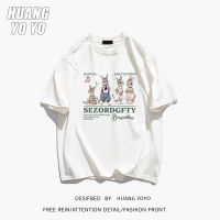 HUANGYOYO เสื้อยืดแขนสั้นผ้าฝ้าย100% กระต่ายการ์ตูนแบบเรียบง่ายสำหรับผู้หญิง