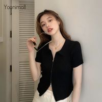 Lapel Zipper Sweater Women Short Sleeve Ice Silk Top Tee Short Sleeve Cardigan