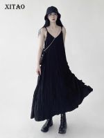 XITAO Dress Loose Fashion Sleeveless Black Folds V-neck Sling Dress