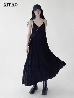 XITAO Dress Loose  Sleeveless Black Folds V-neck Sling Dress