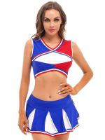 Sexy Womens School Girls Role Play Cosplay Costume Cheerleading Dance Outfit V Neck Sleeveless Crop Top with Pleated Mini Skirt