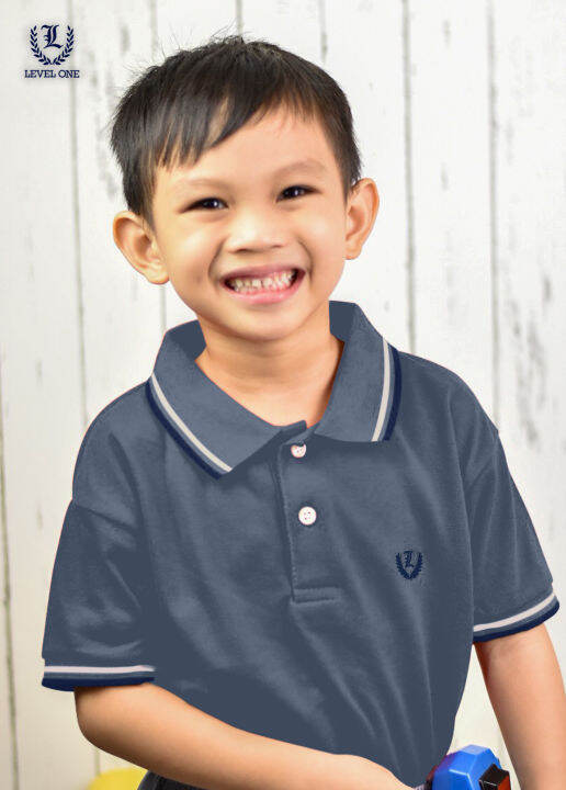 Level One Kid's Twin Stripes Polo Shirt w/ "L" Crest Embroidery (Gray/White/Light Navy) Lazada PH