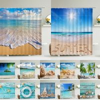 Seaview Beach Bath Curtain ม่านห้องน้ำม่านอาบน้ำผ้า 3D ม่านอาบน้ำกันน้ำ Cortina de Ducha 180*180cm