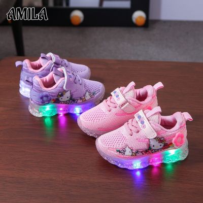 AMILA รองเท้ากีฬาหญิงตาข่ายรองเท้าเจ้าหญิงสำหรับเด็กอายุ1-6ปี ไฟ LED รองเท้ามีไฟแบบฟลายทอ
