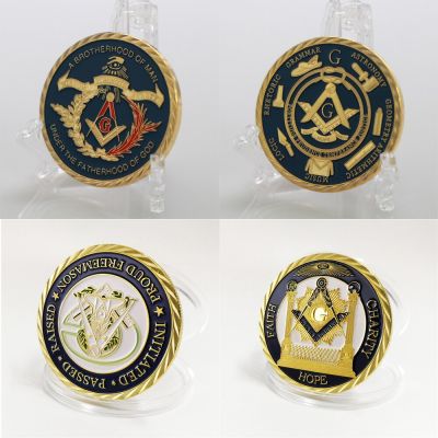 Gold Coin European Masonic Freemasonry Brotherhood Gold And Blue Color Round Double Commemorative Coin Decorative Collection