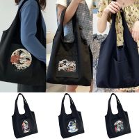 Tote Bag Womens Shopping Bags Canvas Commuter Shopper Vest Bag Wave Bolsas Reusable Grocery Black Eco Handbags Shoulder Bag