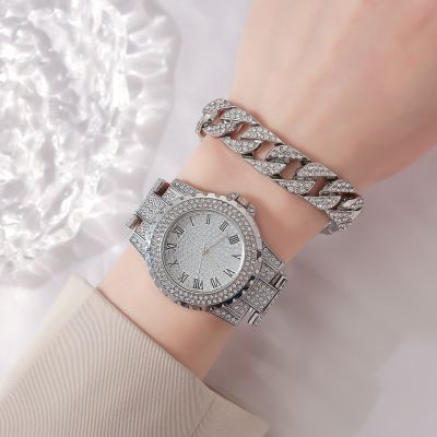 【July】 Roman literal steel belt watch full of diamonds starry temperament business quartz hip-hop style diamond bracelet set